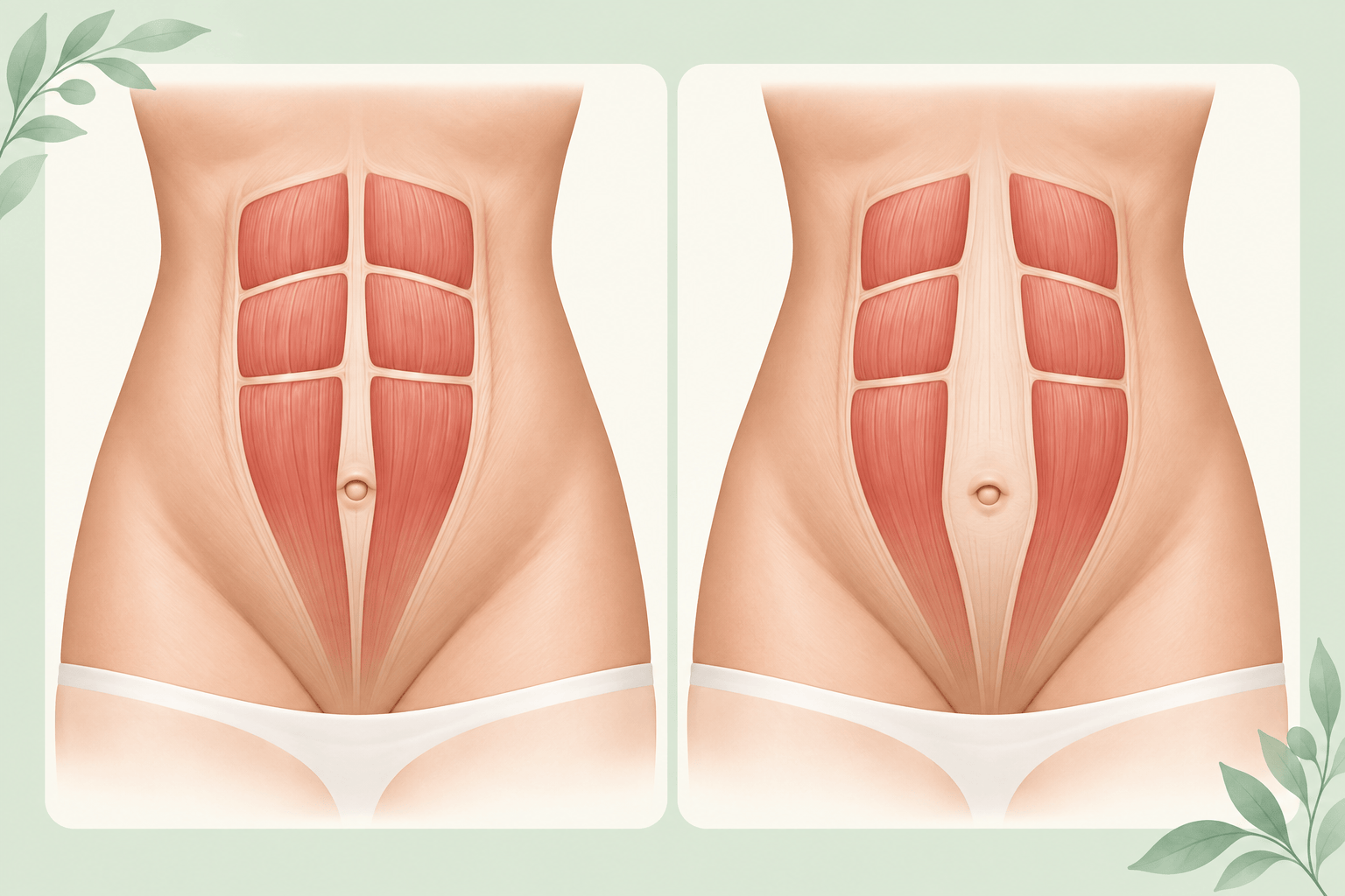 Educational comparison of a narrow abdominal midline and a wider separation between the rectus muscles